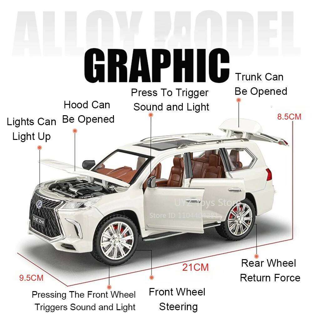 1:24 ES300H LX570 Miniature Model Toy Diecast Alloy Car Shock Absorption Exquisite Models Sound Light Pull Back Cars Decoration Z260307