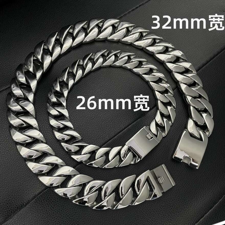 Factory wholesale high-quality in-stock 25mm large Cuban chain stainless steel bracelet necklace set, versatile for European and American couples