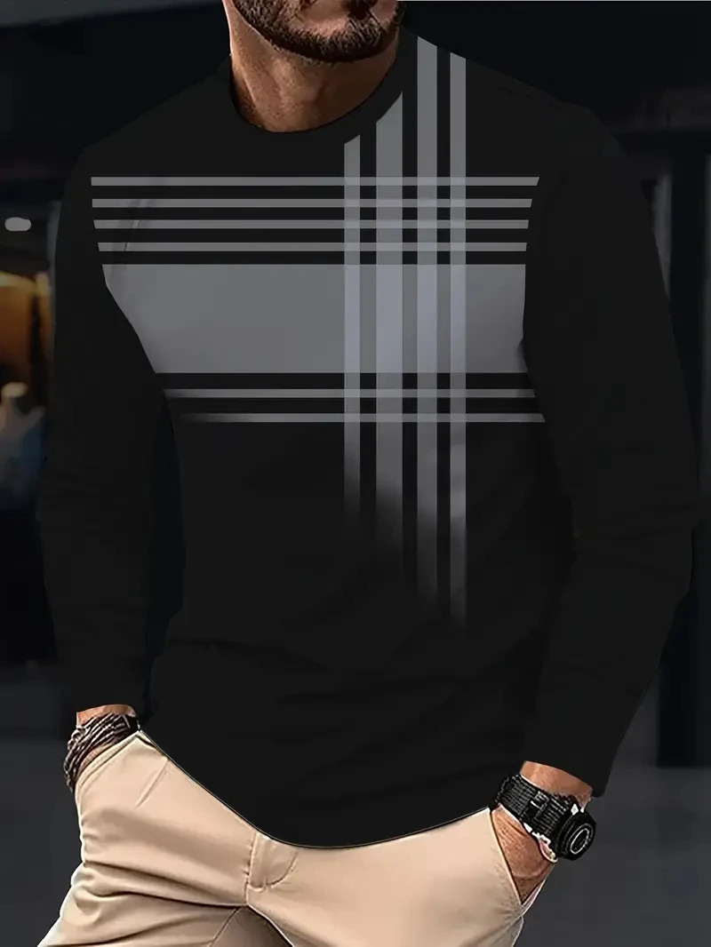 Autumn Mens Tshirt Clothing Fashion Oversized Crew Neck Long Sleeve T Shirt Top Simple casual stripe Tshirts For Men 260302