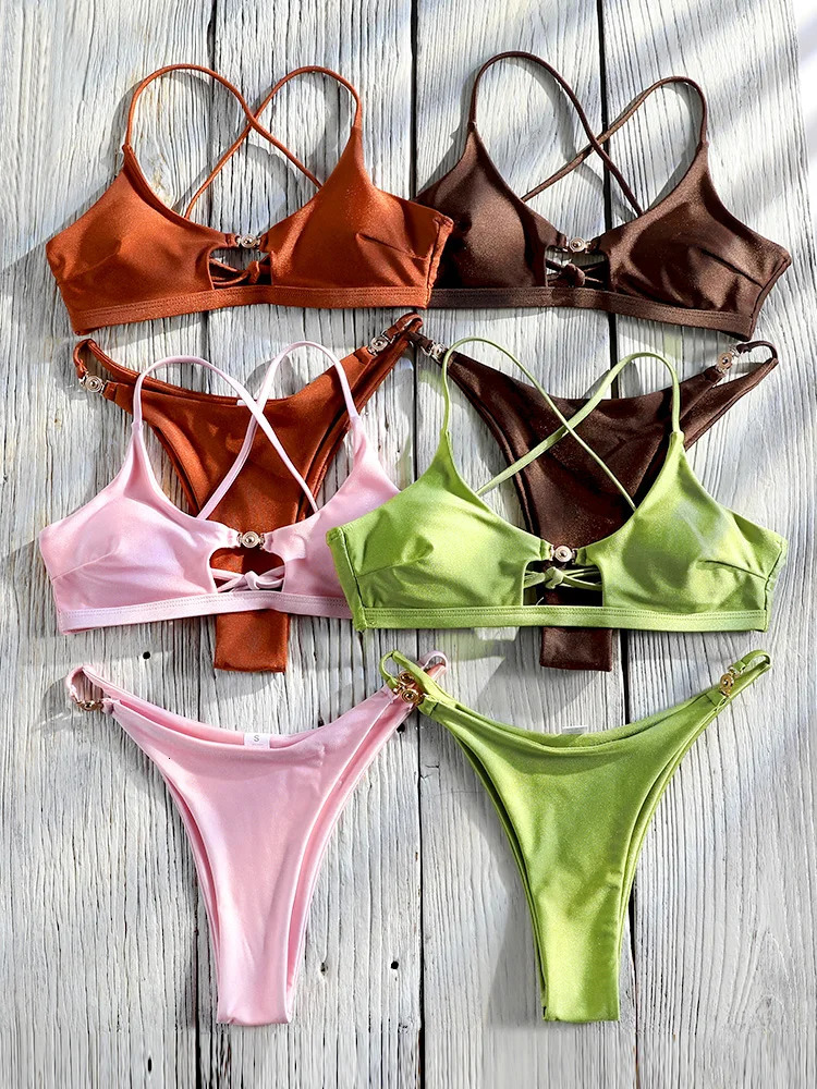 Miyouj Bandage Swimwear Summer Swimsuit High Cut Bikini Set Solid Sexy 2Piece Suit Bathsuit Hollow Out Thongs Beachwear 260306