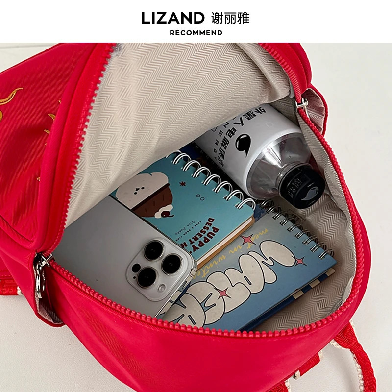 Red Embroidered Lion Dance Large Capaci Double oulder Bag Womens Travel Bapa Autumn Winter Sle Retro Chinese T 260307