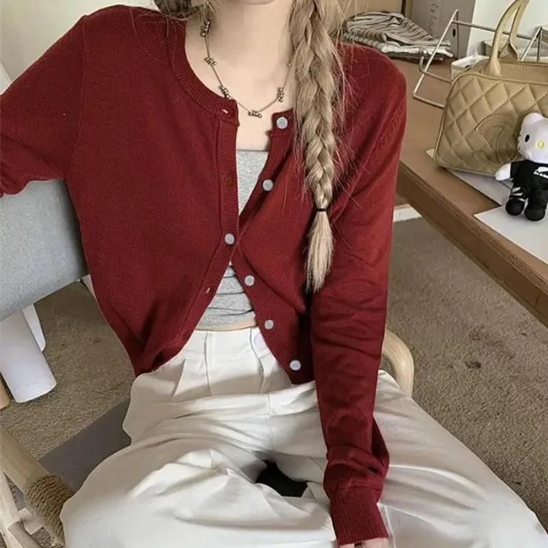 Red Cardigan Sweater for Women Soft Knit Long Sleeve Button-up Crop Jacket Blouse Top Spring Autumn Shrunken Cardigan Y2K 260305