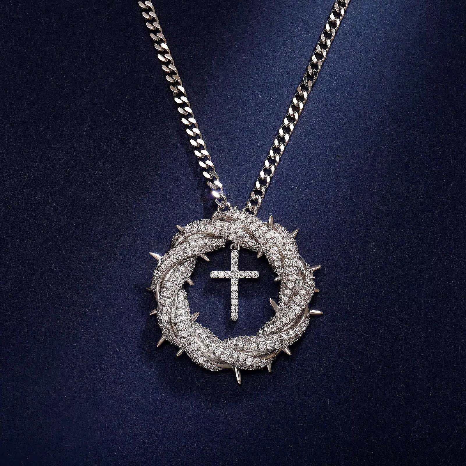 Stylish Trendy Fashion Bling Hiphop Shiny Stylish Jewelry Iced Striking Zircon Brass Thorn Hoop Cross Pendant Necklace