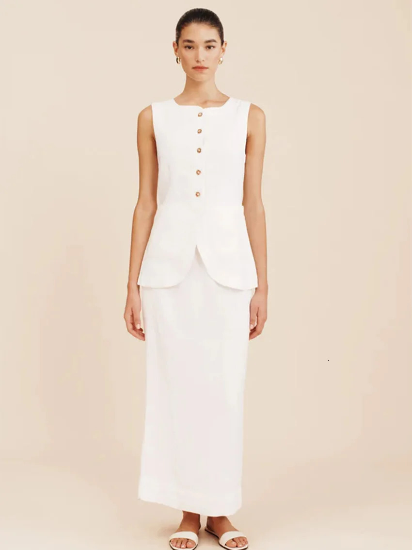 Parc Fee Summer Slim White Cotton Womens Two Pieces Set Fashion Sleeveless Tank Top With High Waist Long Skirt Female 260306