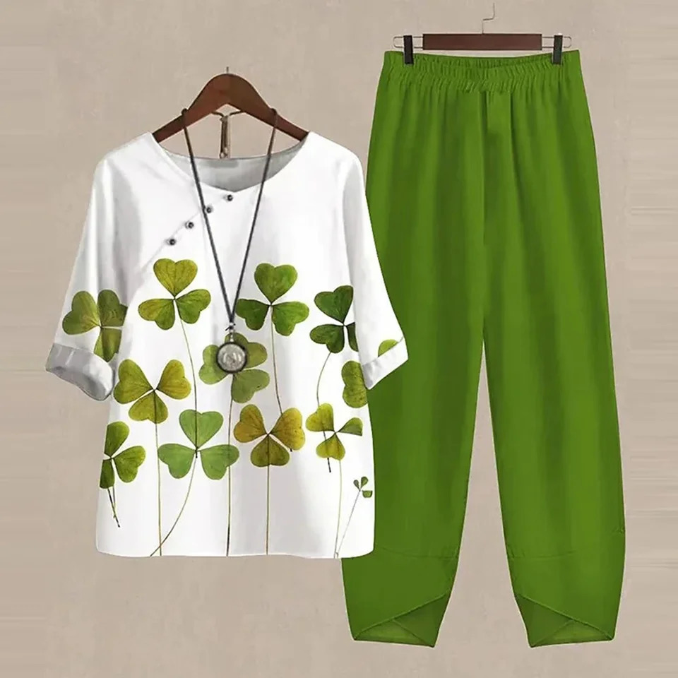 Summer 2 Piece Set Women Loose Short Sleeve Shirt Top High Waist Pants Flower Print Outfits Ladies Elegant Vintage Suit Fall 260306