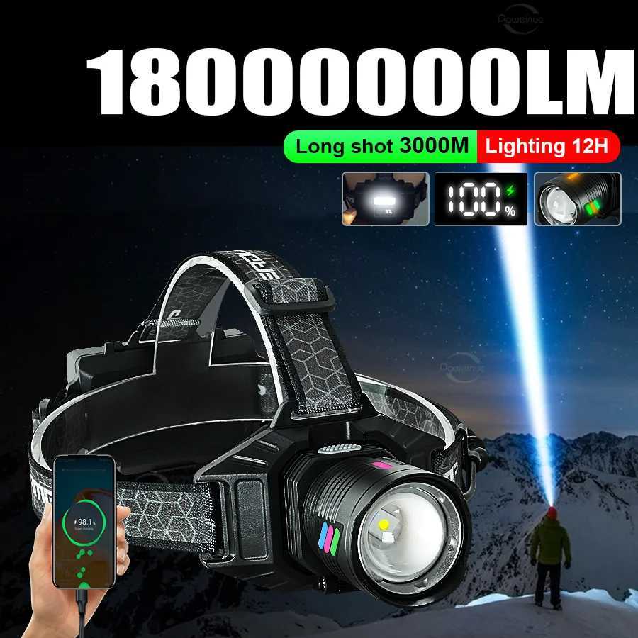 180000000 Most Powerful LED Headlight Ultra Bright Headlamp Long Shot 3000M Rechargeable Head Lantern 18650 Headlight Outdoor H260307