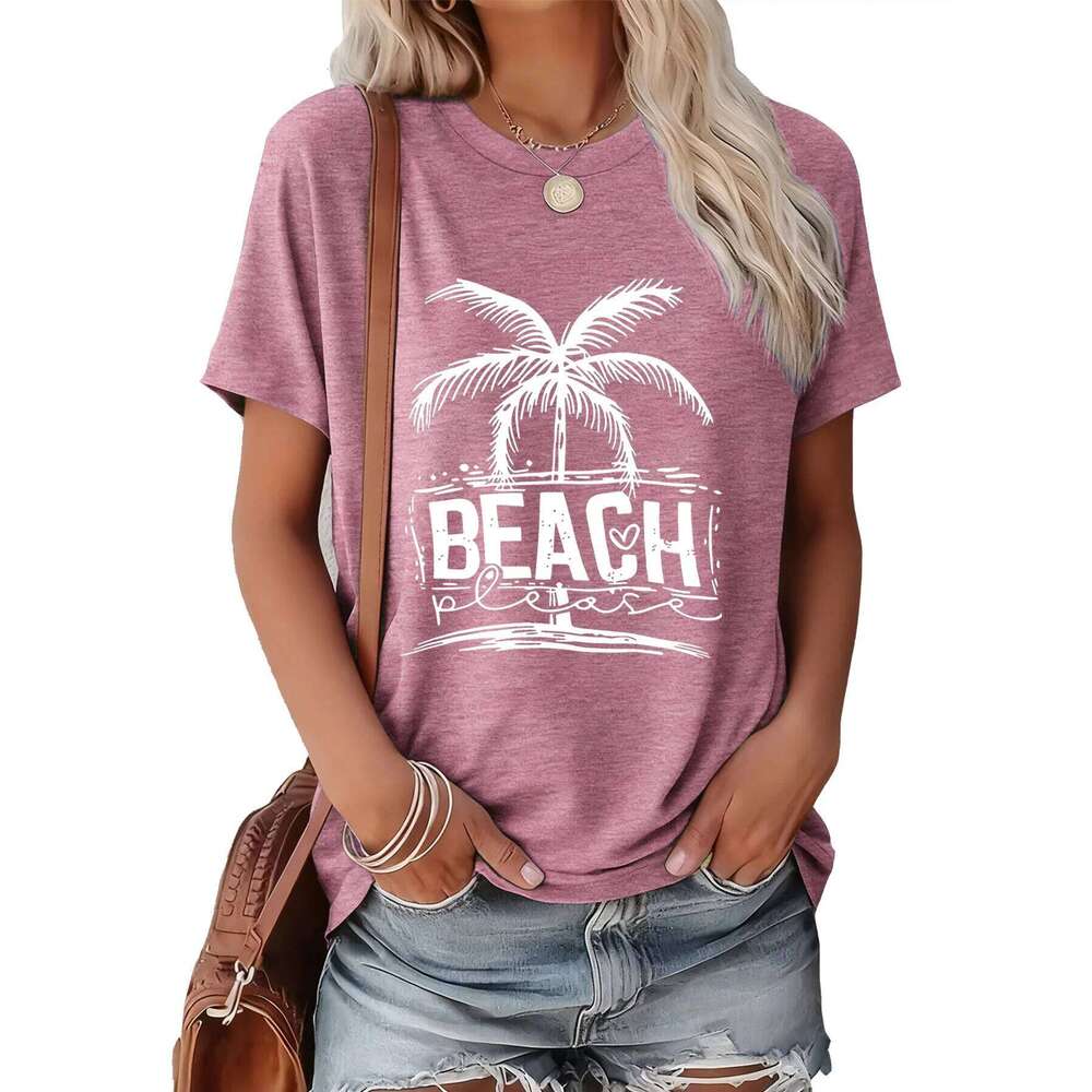 Women's Summer Tee "BEACH please" White Palm Tree Print Soft & Comfy Casual Outings/Gatherings Gift | Multi-Color XJ260306 XJ260306