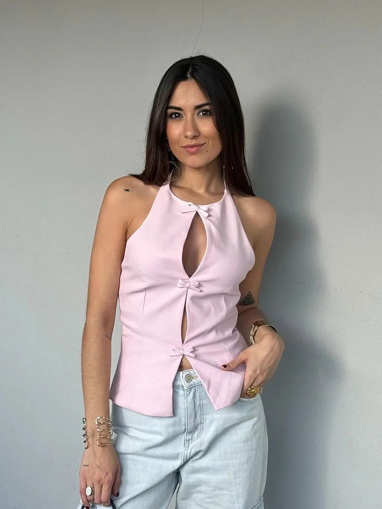 HH Womens Retro Bow-trimmed Vest Elegant Solid O Neck Sleeveless Off-shoulder Halterneck Summer Vintage Casual Tops 260306