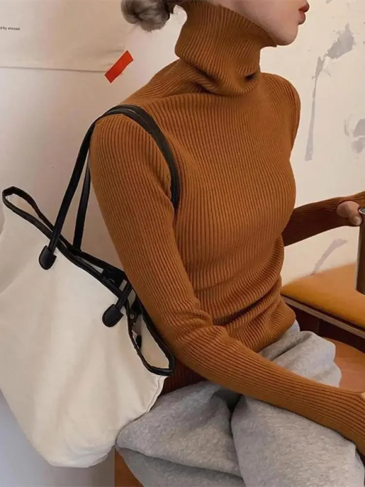 Autumn Winter Basic Knitted Tops Women Turtlneck Sweater Casual Pullover Korean Fashion Simple With Thumb Holes Chic Clothes 260306