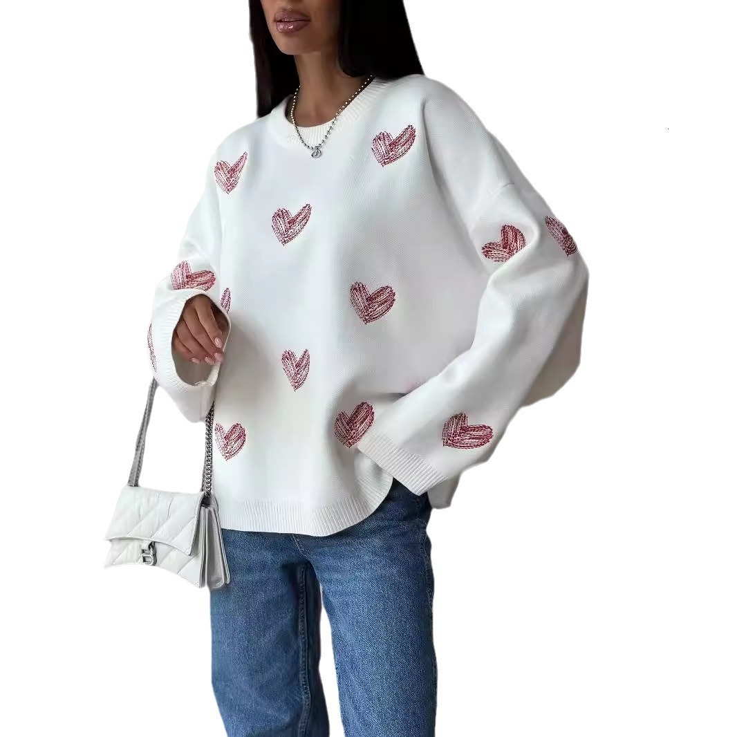 Early Autumn Lazy Style Draped Round Neck Long Sleeve Womens Sweater Heart Pattern Knitted Base Shirt Autumn Women 240904