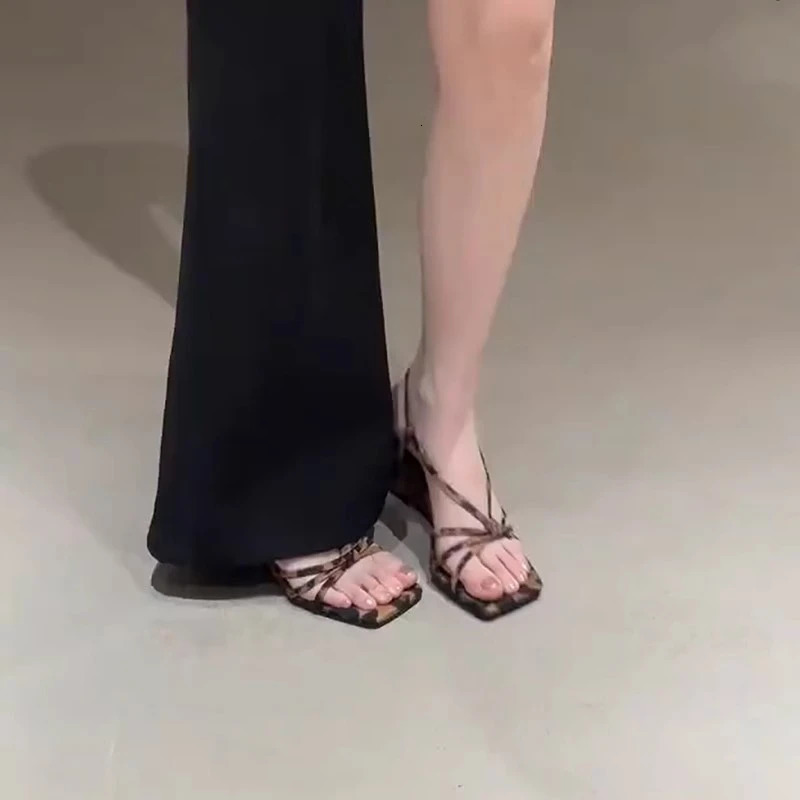 Leopard Wedge Sandals Summer Square Head Cross Thin Belt with A Line Buckle Non-slip Wear-resistant High Heels 260306