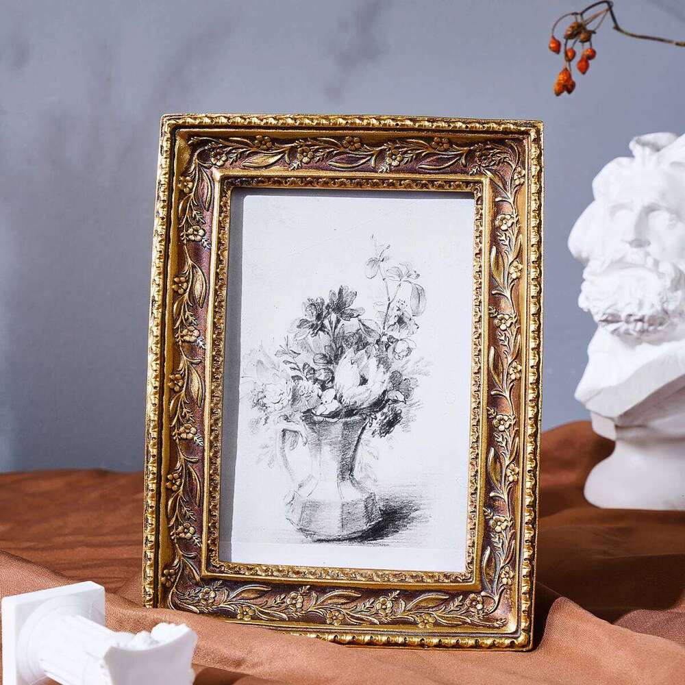 1PC, golden retro photo display frame, resin material three-dimensional pattern decorative frame H260306