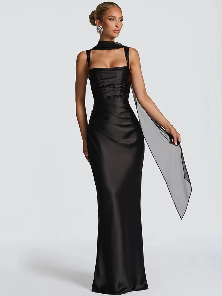 Mozision Satin Backless Sexy Maxi Dress Women Elegant Halter Offshoulder Sleeveless Laceup Bodycon Club Party Long Dresses 260306