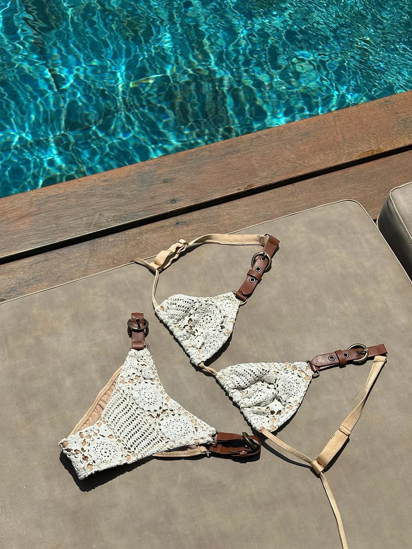 Boho Crochet Bikini Set Cream Knit with Leather Straps Metal Buckles Perfect for Beach Wear Pool Parties Summer Getaways 260306