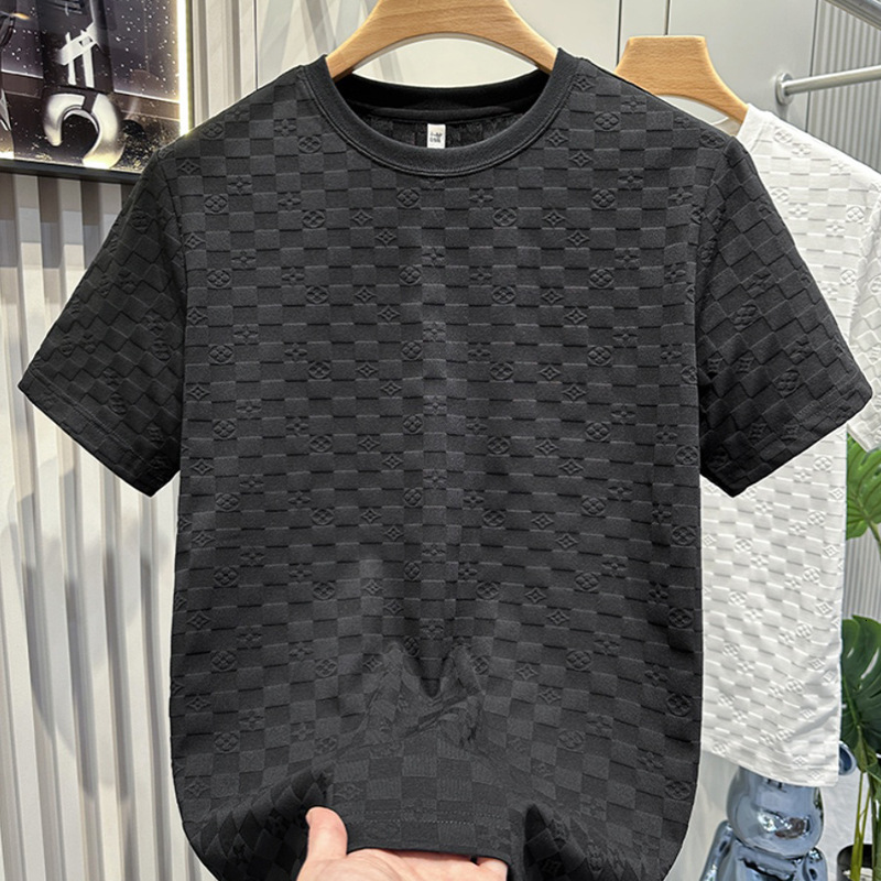 Luxury Brand Designer Clothes 2025 High-End European-Style Plaid Pattern Short-Sleeve Shirt For Men, Light Luxury, Elegant, Solid Color, Casual Round-