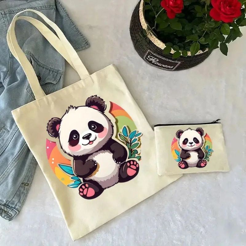2 Pcs Cute Panda Ladies Handbag Cosmetic Bag Canvas Shoulder Ecofriendly Large Capacity Fashion Shopping Wallet 260307