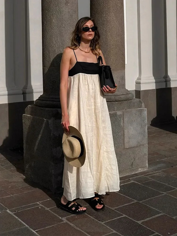 Contrast Splicing Loose Sling Long Dresses Women Square Collar Sleeveless Backless High Waist Dress Summer Lady Street Robe 260306