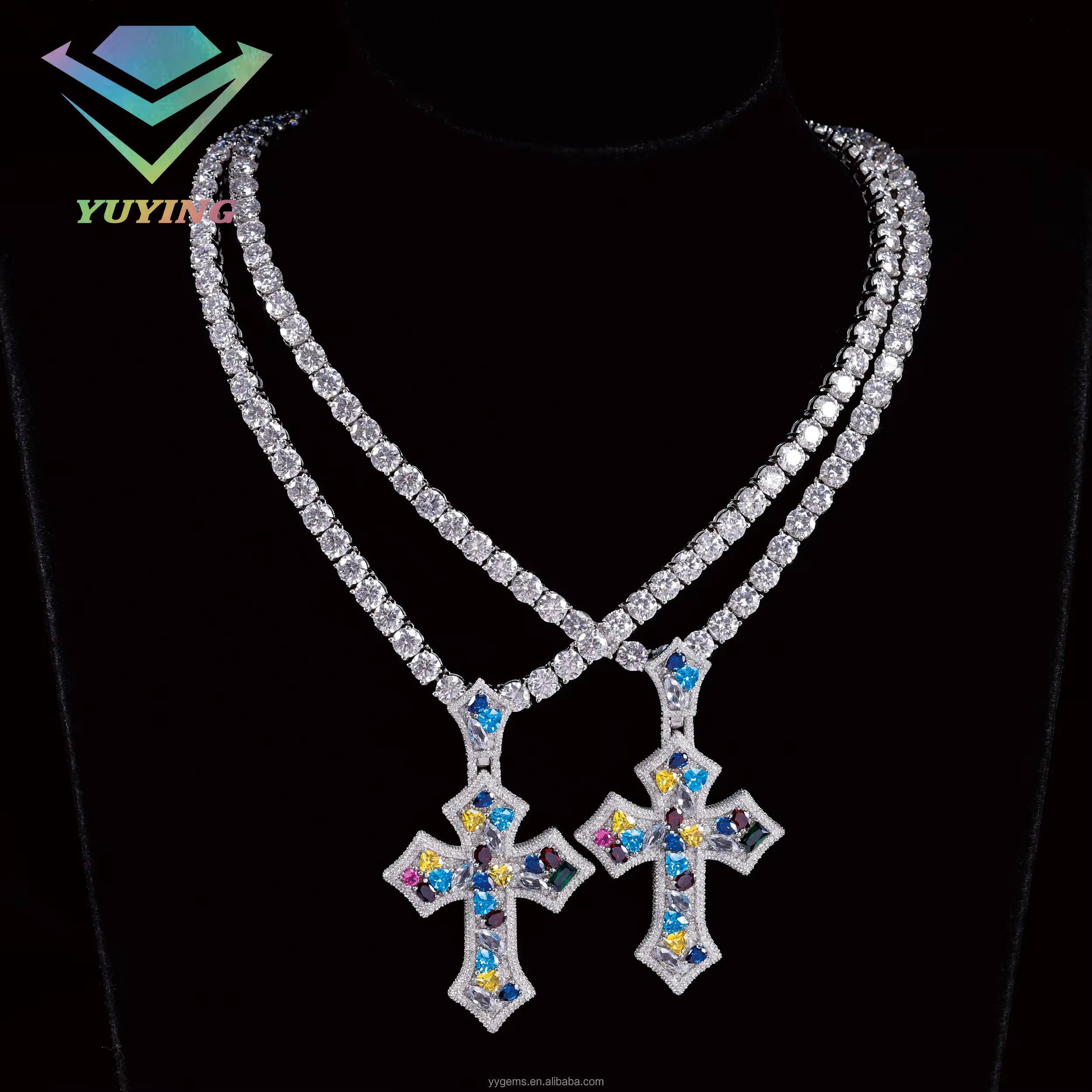 New Arrival Fancy Color Moissanite Cross Pendant for Necklace 925 Solid Silver Hip Hop Pendant VVS Moissanite Cross Pendant