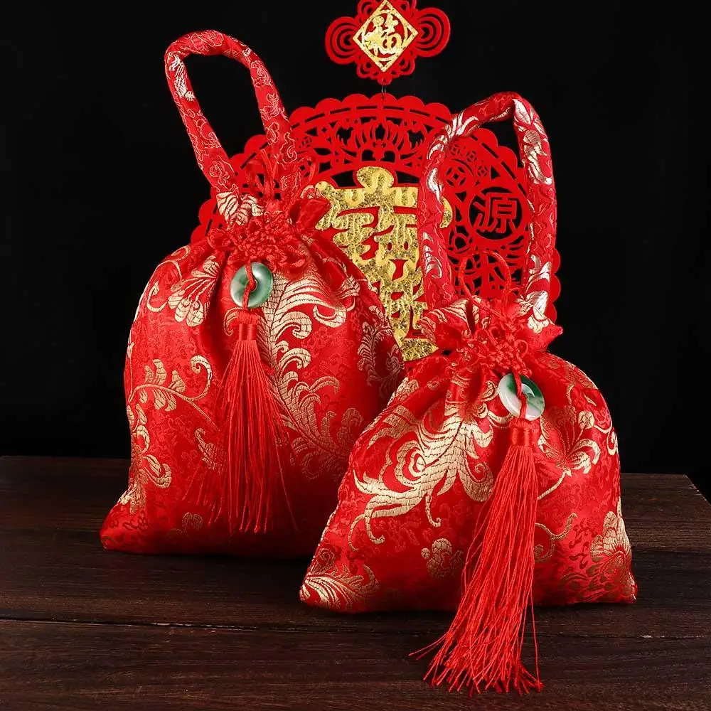 Chinese Style Canvas Flower Drawstring Bag Wrist Large Capacity Knot Tassel Handbag Korean Storage 260307