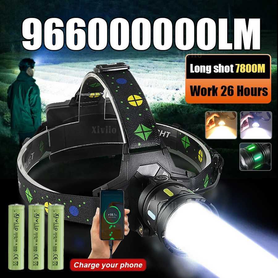 2025 Most Powerful Headlamp White/Yellow Light Rechargeable LED Headlight 7800M High Power Head Flashlight for Fishing Camping H260307