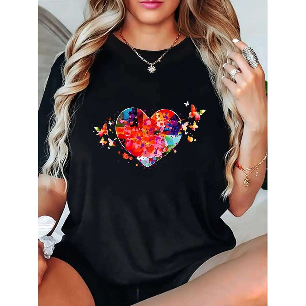 Women's Heart-Shaped Butterfly Graphic Crew Neck T-Shirt Casual Fashion Top for All Seasons XJ260306 XJ260306
