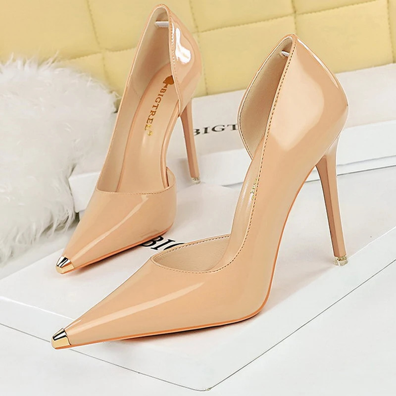 BIGTREE Shoes Black Patent Leather High Heels Metal Pointed Women Pumps Sexy Party Shoes Stilettos Women 7 Cm 105cm Heels 260306