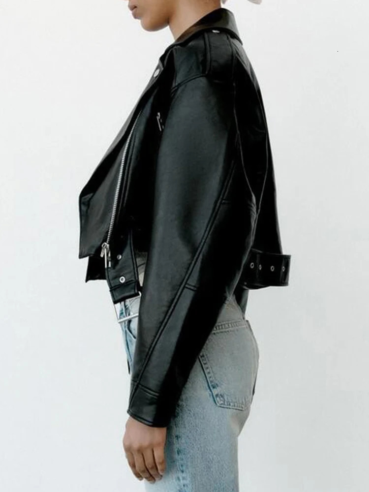 Ailegogo Spring Autumn Women Faux Pu Leather Short Jacket with Belt Motorcycle Biker Female Zipper Lapel Loose Coat Outwear 260306