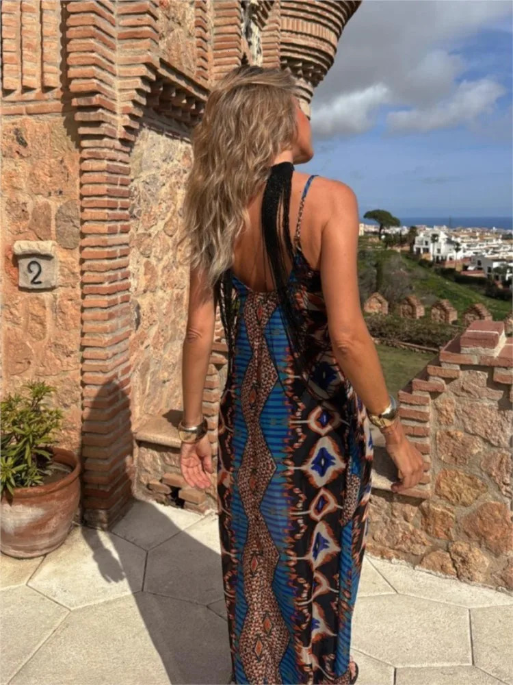 Fashion Casual Summer Elegant Dresses For Female Vneck Printed Temperament Sleeveless Loose Swing Long Spaghetti Strap 260306