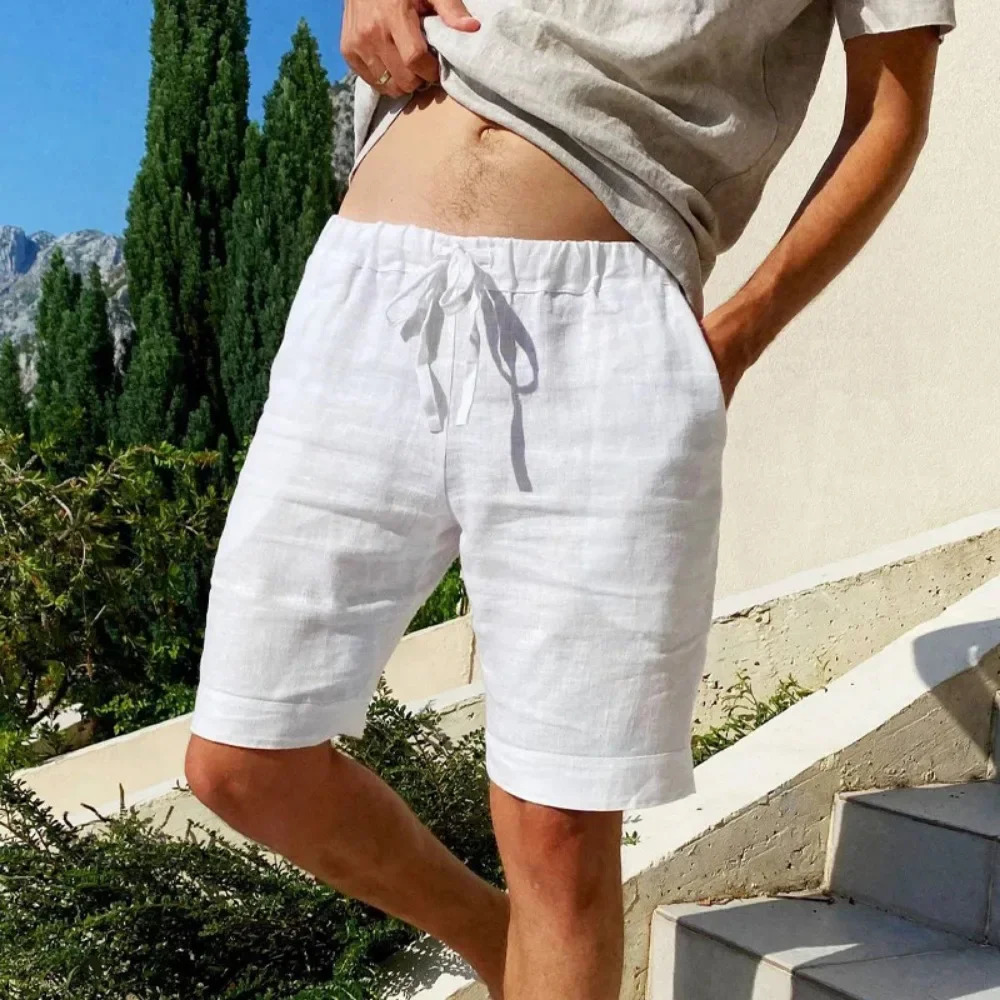 Summer Mens Cotton Linen Breathable Shorts Hawaii Beach Pants Male Solid Color Trousers Loose Versatile Streetwear 260306