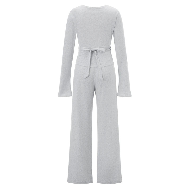 Women Fashion Lounge Set Vintage 2 Piece Outfit V Neck Waist Tie Tshirt Elastic Pants Autumn Long Sleeve Crop Tops 260306