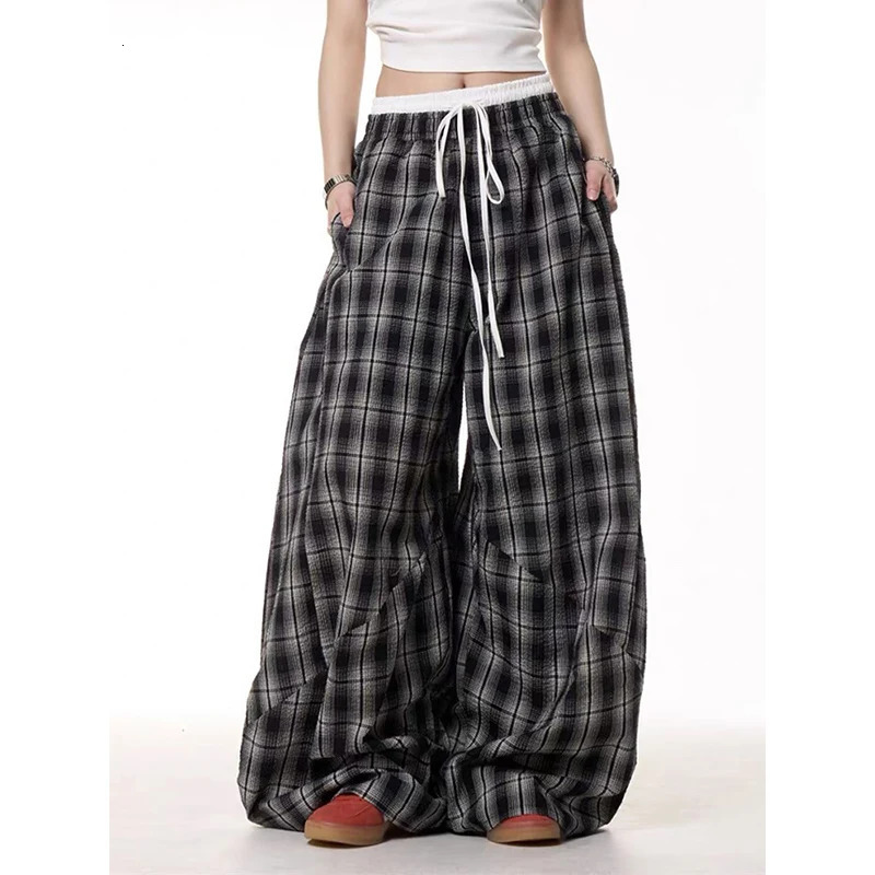 Black Plaid Patchwork Wide Leg Pants Mens Autumn American Vintage Y2K 2000s Style High Waisted Hip Hop Breathable Sweatpants 260303