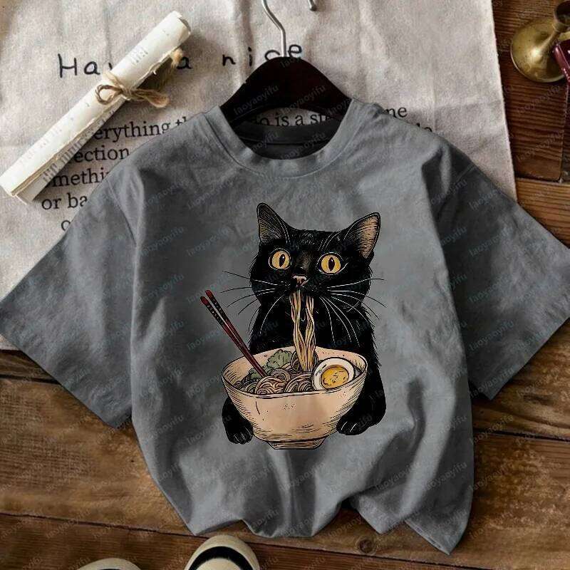 Casual Minimalist Cartoon Black Cat Eating Ramen Breathable Graphic Short Sleeve Fashion Cotton Shirt New Summer Women'S Top XJ260306