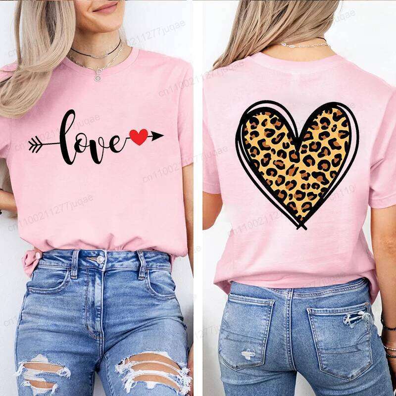 Leopard Shirt T-Shirt Xmas for T Shirts Retro Valentine Heart T-Shirts Casual Short Sleeve Tshirt Women Pink Clothes XJ260306