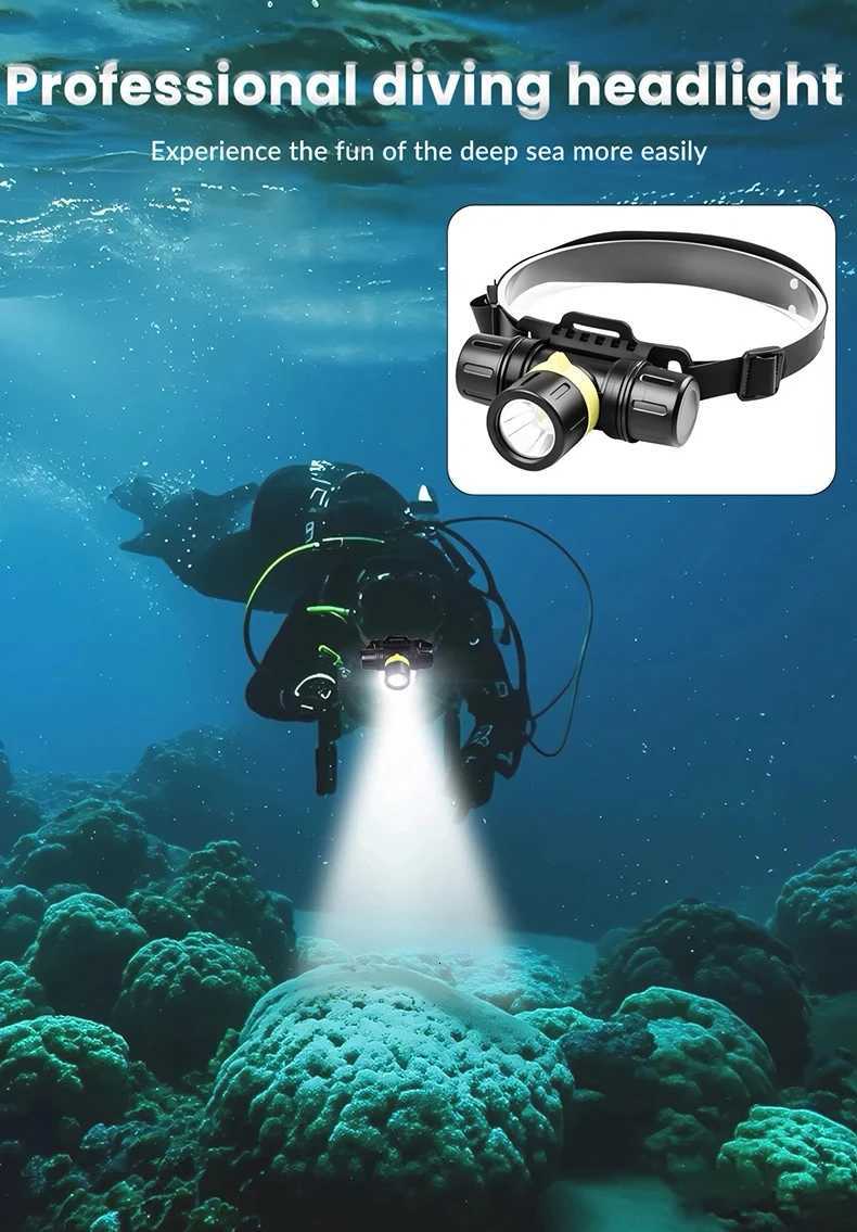 Professional LED Scuba Diving Headlamp XHP70 IPX8 Rate Waterproof Headlight Underwater Dive Head Torch Super battery life H260307