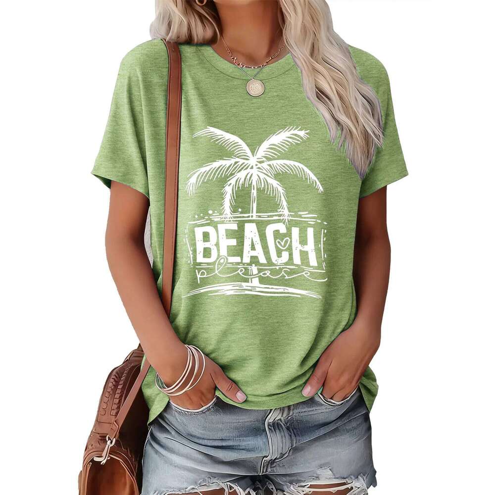 Women's Summer Tee "BEACH please" White Palm Tree Print Soft & Comfy Casual Outings/Gatherings Gift | Multi-Color XJ260306 XJ260306