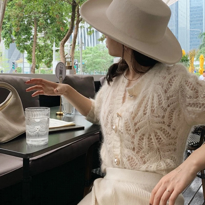 Autumn Openwork Knitted Cardigan French Style Elegant O-neck Mohair Coat Sweater Female Casual Solid Long Sleeve Soft Tops 16179 260305