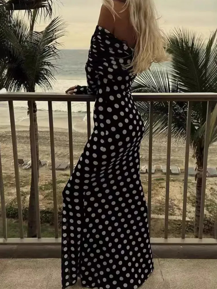 Summer Sexy Polka Dots Vacation Style Fashion Party Womens Long Elegant Off Shoulder One Wave Dot Slim Fit Dress 260306