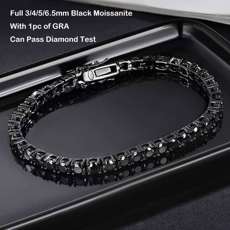 PYQ 3/4/5mm Black Moissanite Tennis Chains Hip Hop Jewelry 925 Sterling Silver Moissanite Bracelet with Black Rhodium Plated