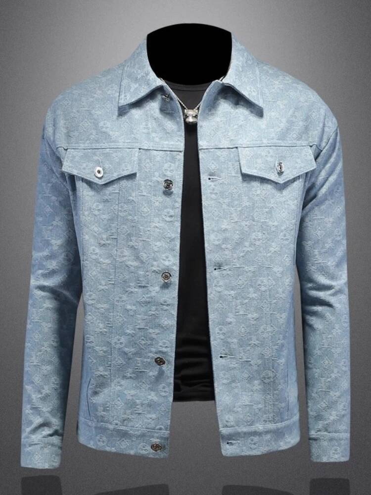 Men's Slim Fit Casual Denim Jacket Autumn Plaid Embossed Collar Trendy Youth Fashionable Outerwear