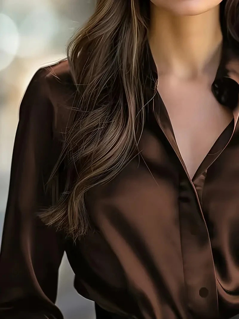 Elegant Black Satin Long Sleeve Blouse for Women ButtonUp Collar Shirt Perfect Casual or Professional Wear 260228
