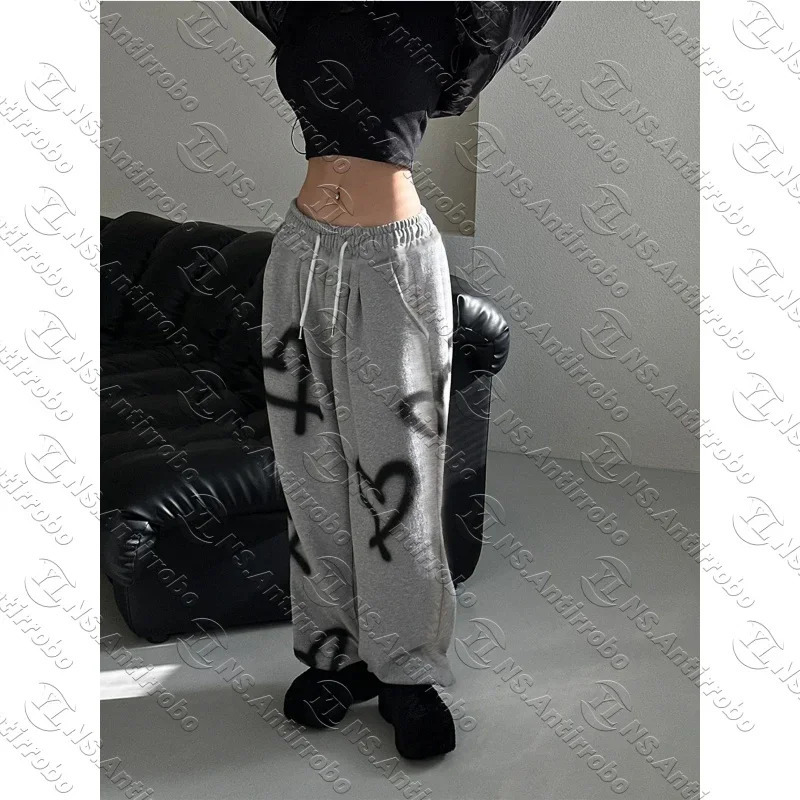25-26 Summer Autumn Womens Random Heart Print Drawstring Waist Sweatpants Y2k Pants Wide Leg Sweatpants 260304
