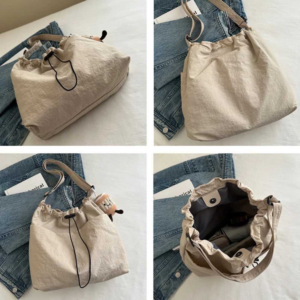 Travel Casual Nylon Tote Bag Drawstring Shoulder Bag Large Capacity Crossbody Bucket Bag with Adjustable Strap H260306