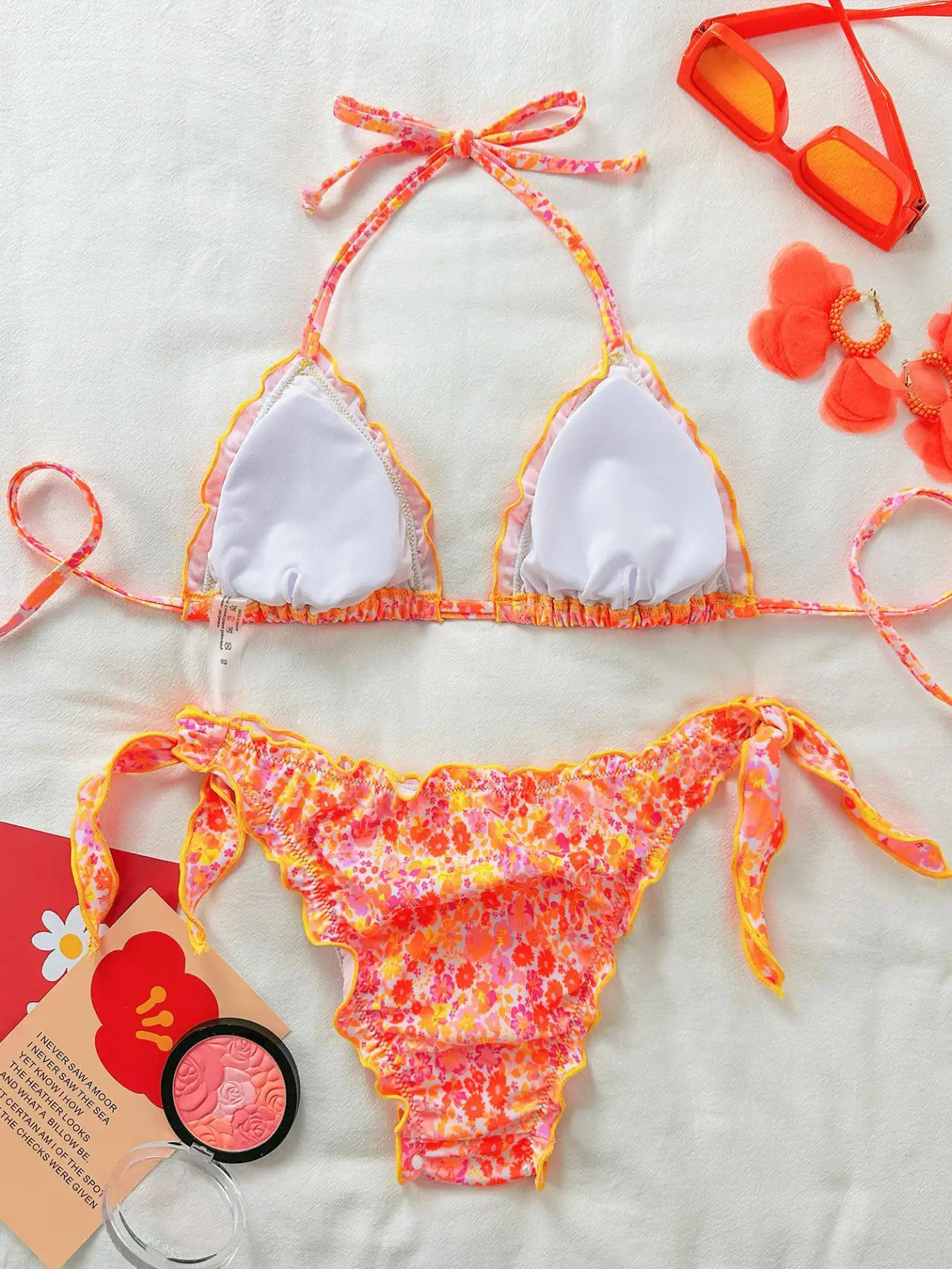 Cute Orange Floral Print Bikini Set Women Halter Ruffles Push Up Tie Side Thong Swimsuit 2026 Summer Bathing Suit Micro Swimwear 260306