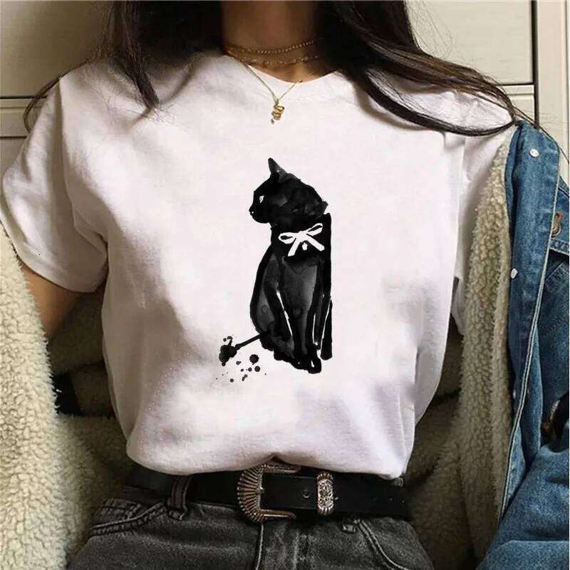 Beautiful Black Cat Print Harajuku T-shirt Casual Fun Cartoon Tops for Women Graphic XJ260306 XJ260306