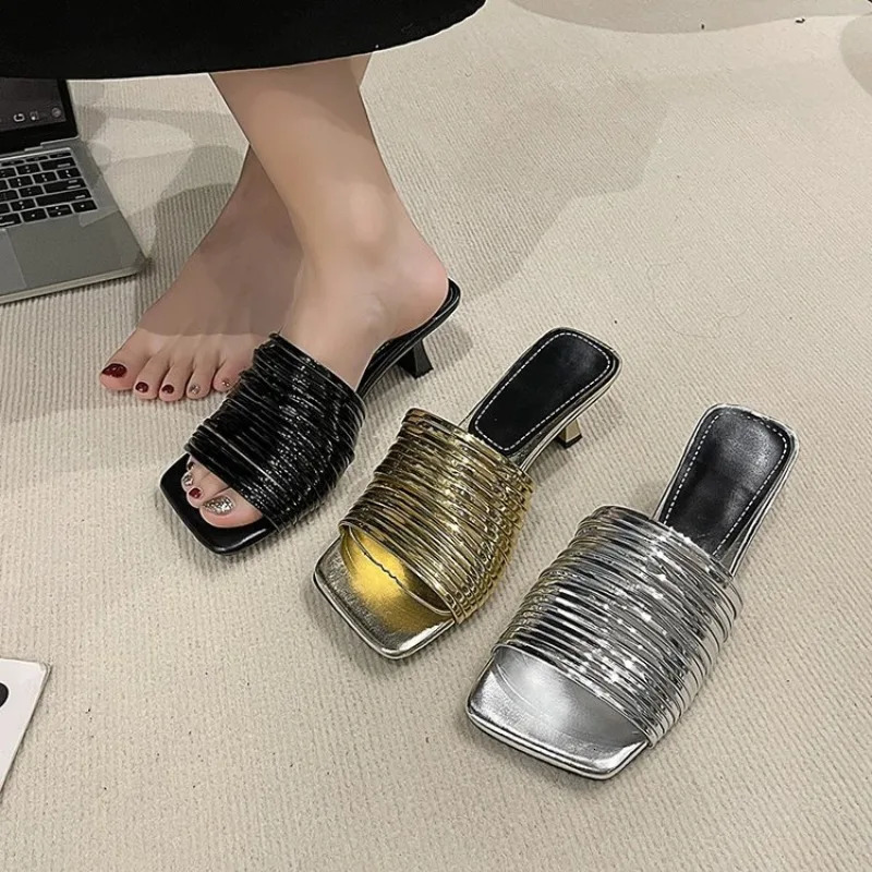 Square Toe Stiletto Sandals for Women Summer Shiny Solid Color High Heels Casual Half Slippers Shoes for Women Sandals 260306