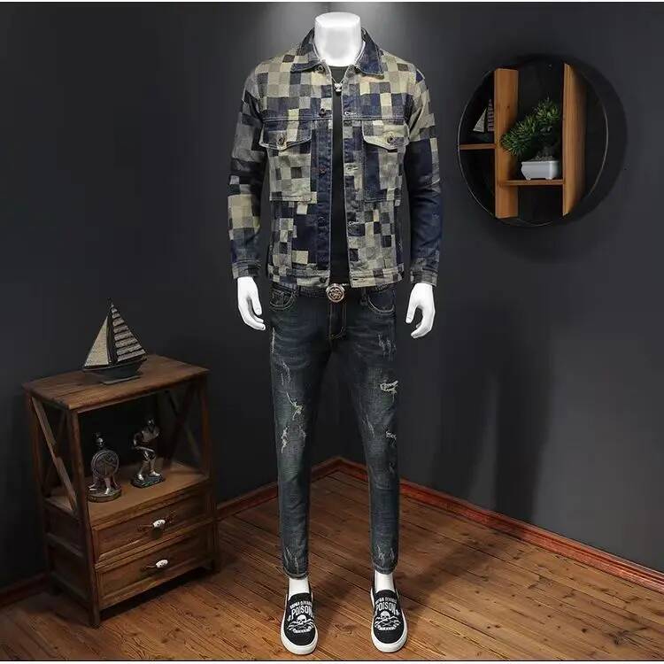 2025 New Printed Distressed Vintage Denim Jacket Men's Fashion plaid Lapel Coat Male Button Jeans Jackets