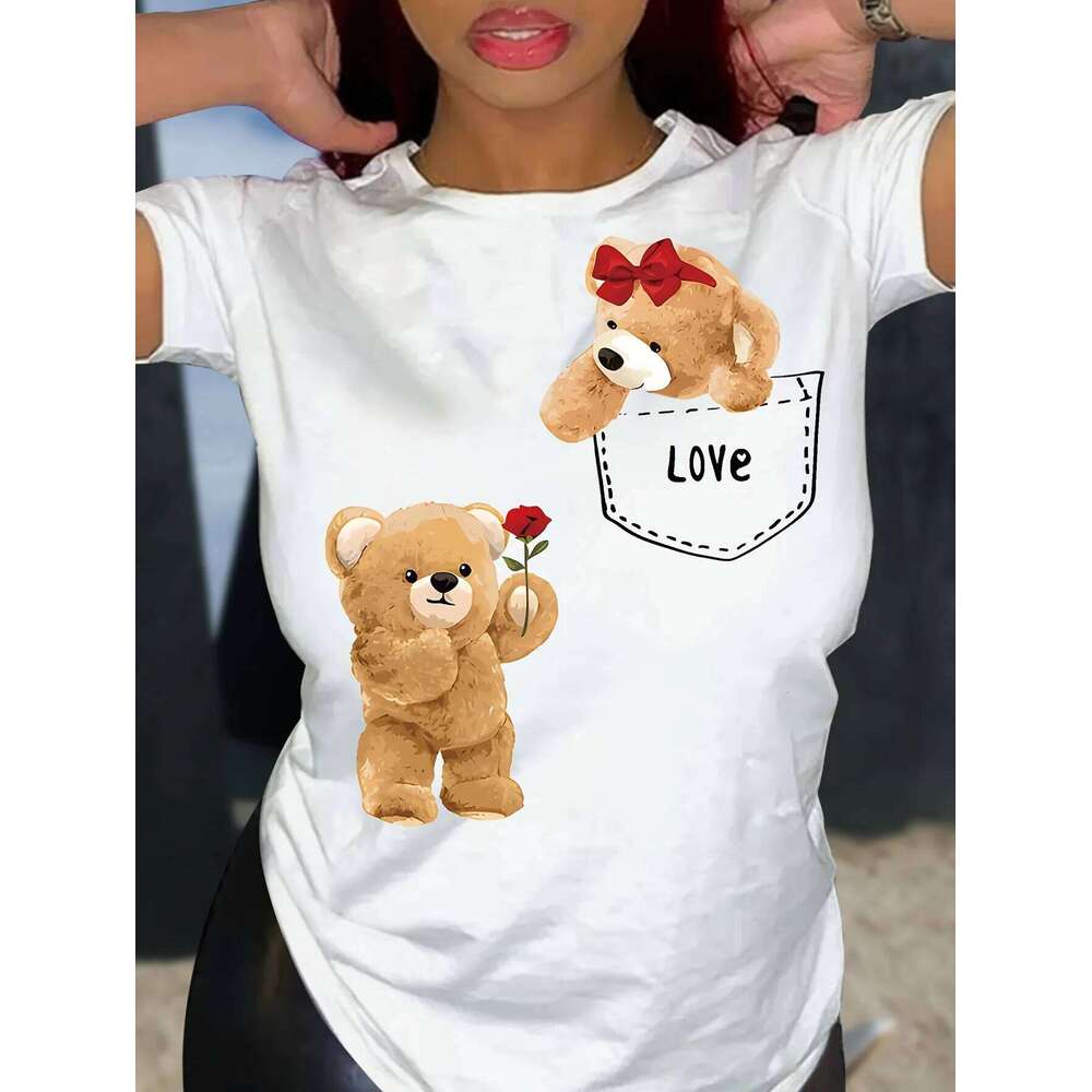 Cute Bear Print T-shirt Short Sleeve Crew Neck Top for Summer & Spring Women's Casual Female Clothing XJ260306 XJ260306