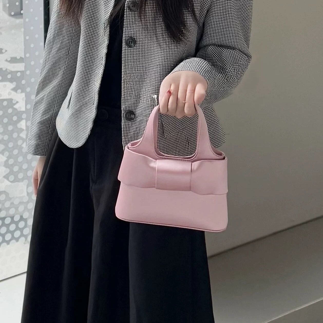 Spring bow handbag cute pink sweet girl handbag fashionable texture crossbody bag fashionable shoulder bag designer bag
