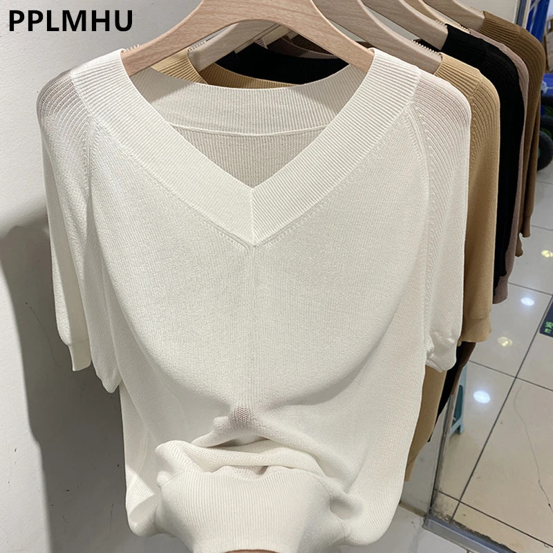 Summer Ice Silk Knitted Tops Women Casual Loose Vneck Thin Knitwear Tshirts Big Size 4xl Korean Short Sleeve Pullover Tee 260306