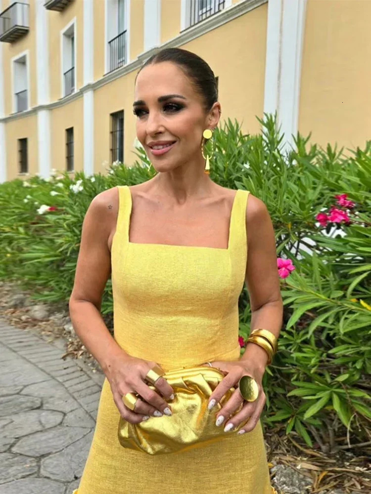 y Sparkling Ruffled Layerd Yellow Long Dress Chic Backless Bodycon Wedding Sling Robes Women Elegant Party Club Vestidos 260306